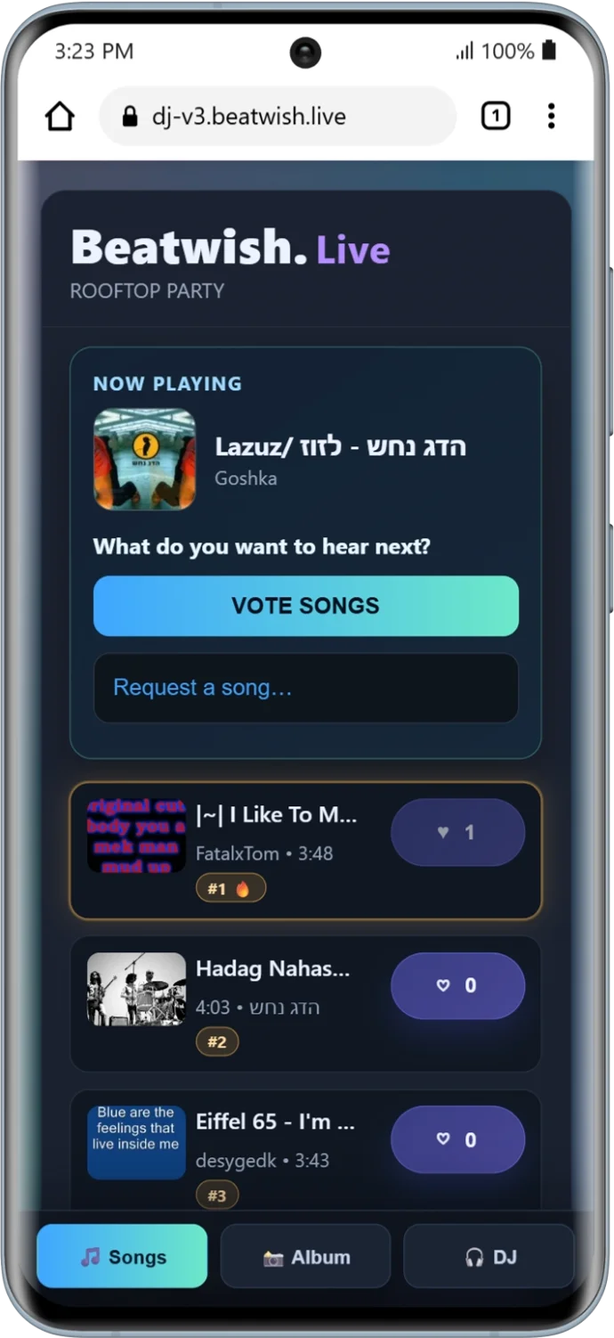 Beatwish guests using their phones while the DJ controls the event vibe.